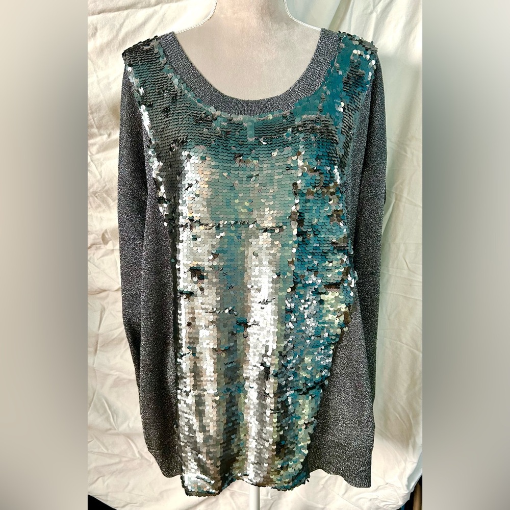 French Connection Sparkly Silver Sequin Long Sleeve Sweater, Size L